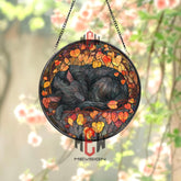 Black Cat Stained Glass Suncatcher, Round Autumn Leaves Window Panel with Sleeping Kitty, Cozy Fall Feline Home Decor Gift