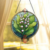 Lily of the Valley Stained Glass Suncatcher, Round White Bell Flowers Window Panel with Green Leaves, Nature Floral Home Decor Gift