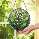 Lily of the Valley Stained Glass Suncatcher, Round White Bell Flowers Window Panel with Green Leaves, Nature Floral Home Decor Gift
