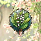 Lily of the Valley Stained Glass Suncatcher, Round White Bell Flowers Window Panel with Green Leaves, Nature Floral Home Decor Gift