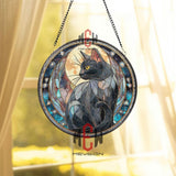 Black Cat Stained Glass Suncatcher, Round Moon and Stars Window Panel with Cosmic Night Sky, Mystical Feline Home Decor Gift