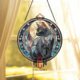 Black Cat Stained Glass Suncatcher, Round Moon and Stars Window Panel with Cosmic Night Sky, Mystical Feline Home Decor Gift