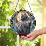 Black Cat Stained Glass Suncatcher, Round Moon and Stars Window Panel with Cosmic Night Sky, Mystical Feline Home Decor Gift