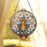 Bee Stained Glass Suncatcher, Round Honeycomb and White Blossoms Window Panel, Nature Insect Art, Pollinator Garden Home Decor Gift
