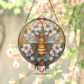 Bee Stained Glass Suncatcher, Round Honeycomb and White Blossoms Window Panel, Nature Insect Art, Pollinator Garden Home Decor Gift