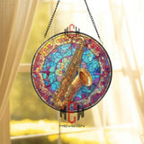 Saxophone Stained Glass Suncatcher, Round Musical Instrument Window Panel with Colorful Abstract Background, Jazz Music Home Decor Gift