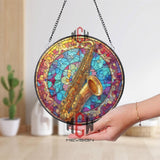Saxophone Stained Glass Suncatcher, Round Musical Instrument Window Panel with Colorful Abstract Background, Jazz Music Home Decor Gift