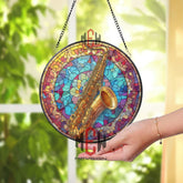 Saxophone Stained Glass Suncatcher, Round Musical Instrument Window Panel with Colorful Abstract Background, Jazz Music Home Decor Gift