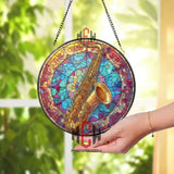 Saxophone Stained Glass Suncatcher, Round Musical Instrument Window Panel with Colorful Abstract Background, Jazz Music Home Decor Gift