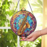Saxophone Stained Glass Suncatcher, Round Musical Instrument Window Panel with Colorful Abstract Background, Jazz Music Home Decor Gift