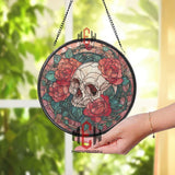 Skull and Roses Stained Glass Suncatcher, Round Gothic Window Panel with Red Flowers and Vines, Dark Romantic Home Decor Gift