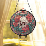 Skull and Roses Stained Glass Suncatcher, Round Gothic Window Panel with Red Flowers and Vines, Dark Romantic Home Decor Gift