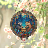 Raccoons Stained Glass Suncatcher, Round Magical Cauldron Window Panel with Books and Potions, Fantasy Woodland Home Decor Gift
