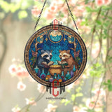 Raccoons Stained Glass Suncatcher, Round Magical Cauldron Window Panel with Books and Potions, Fantasy Woodland Home Decor Gift