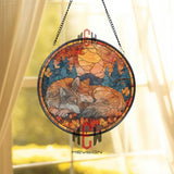 Wolves Stained Glass Suncatcher, Round Autumn Sunset Window Panel with Sleeping Pair in Forest, Nature Wildlife Home Decor Gift