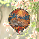 Wolves Stained Glass Suncatcher, Round Autumn Sunset Window Panel with Sleeping Pair in Forest, Nature Wildlife Home Decor Gift