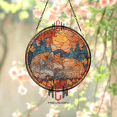 Wolves Stained Glass Suncatcher, Round Autumn Sunset Window Panel with Sleeping Pair in Forest, Nature Wildlife Home Decor Gift
