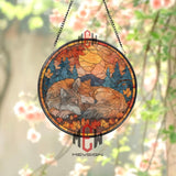 Wolves Stained Glass Suncatcher, Round Autumn Sunset Window Panel with Sleeping Pair in Forest, Nature Wildlife Home Decor Gift