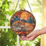 Wolves Stained Glass Suncatcher, Round Autumn Sunset Window Panel with Sleeping Pair in Forest, Nature Wildlife Home Decor Gift