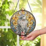 Cat Stained Glass Suncatcher, Round Gray Feline Window Panel with Yellow Flowers and Blue Accents, Elegant Pet Lover Home Decor Gift