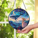 Whale and Girl Stained Glass Suncatcher, Round Ocean Night Sky Window Panel with Crescent Moon and Stars, Fantasy Dream Home Decor Gift