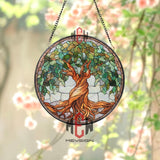 Tree of Life Stained Glass Suncatcher, Round Window Panel with Twisting Roots and Green Leaves, Nature Spiritual Home Decor Gift