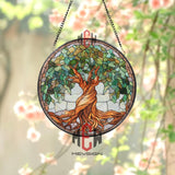 Tree of Life Stained Glass Suncatcher, Round Window Panel with Twisting Roots and Green Leaves, Nature Spiritual Home Decor Gift