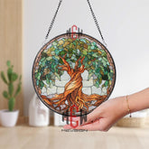 Tree of Life Stained Glass Suncatcher, Round Window Panel with Twisting Roots and Green Leaves, Nature Spiritual Home Decor Gift