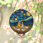 Jesus Starry Night Stained Glass Suncatcher, Round Christian Window Panel with Shepherds and Sheep, Religious Faith Home Decor Gift