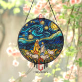 Jesus Starry Night Stained Glass Suncatcher, Round Christian Window Panel with Shepherds and Sheep, Religious Faith Home Decor Gift