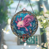 Axolotl Stained Glass Suncatcher, Round Pink Salamander Window Panel with Underwater Scene, Cute Aquatic Creature Home Decor Gift