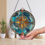 Compass Rose Stained Glass Suncatcher, Round Nautical Window Panel with Gold Directions and Blue Ocean Design, Coastal Home Decor Gift