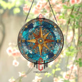 Compass Rose Stained Glass Suncatcher, Round Nautical Window Panel with Gold Directions and Blue Ocean Design, Coastal Home Decor Gift