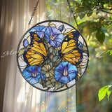 Butterfly Stained Glass Suncatcher, Round Window Panel with Blue Morning Glories, Floral Garden Nature Hanging Home Decor Gift
