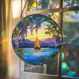 Sailboat Stained Glass Suncatcher, Round Window Panel with Sunset Lake and Wisteria Flowers, Nautical Nature Home Decor Gift