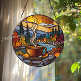 Coffee Cup Stained Glass Suncatcher, Round Window Panel with Autumn Forest and River Scene, Cozy Cabin Nature Home Decor Gift