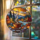 Coffee Cup Stained Glass Suncatcher, Round Window Panel with Autumn Forest and River Scene, Cozy Cabin Nature Home Decor Gift