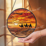 Desert Sunset Stained Glass Suncatcher, Round Window Panel with Camel Caravan Silhouette, Warm Landscape Home Decor Travel Gift