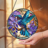 Hummingbird Stained Glass Suncatcher, Round Window Panel with Purple Flowers, Blue Bird Nature Art Hanging Home Decor Gift
