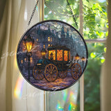 Carriage Stained Glass Suncatcher, Round Window Panel with Vintage Street Lanterns, Victorian Gothic City Scene Home Decor Gift