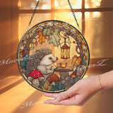 Hedgehog Stained Glass Suncatcher, Round Window Panel with Autumn Leaves, Mushrooms and Lantern, Woodland Animal Home Decor Gift