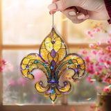 Fleur de Lis Acrylic Suncatcher, Elegant Yellow and Purple Window Hanging Panel, French Symbol Decorative Wall Art Home Decor Gift