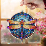 Dragonfly Acrylic Suncatcher, Round Blue and Orange Window Hanging Panel, Colorful Stained Glass Style Nature Inspired Home Decor Gift