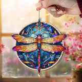 Dragonfly Acrylic Suncatcher, Round Blue and Orange Window Hanging Panel, Colorful Stained Glass Style Nature Inspired Home Decor Gift