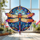 Dragonfly Acrylic Suncatcher, Round Blue and Orange Window Hanging Panel, Colorful Stained Glass Style Nature Inspired Home Decor Gift