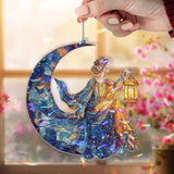Moon Lady Acrylic Suncatcher, Stained Glass Style Celestial Woman with Lantern Window Hanging, Mystical Night Sky Home Decor Gift