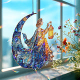 Moon Lady Acrylic Suncatcher, Stained Glass Style Celestial Woman with Lantern Window Hanging, Mystical Night Sky Home Decor Gift