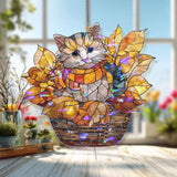 Autumn Cat Acrylic Suncatcher, Stained Glass Style Kitty in Basket with Fall Leaves, Cute Seasonal Window Hanging Home Decor Gift