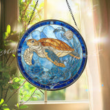 Sea Turtle Stained Glass Suncatcher, Round Ocean Window Panel with Blue Flowers and Coral, Coastal Marine Glass Art Home Decor Gift