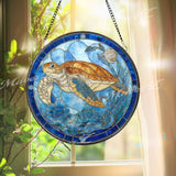 Sea Turtle Stained Glass Suncatcher, Round Ocean Window Panel with Blue Flowers and Coral, Coastal Marine Glass Art Home Decor Gift
